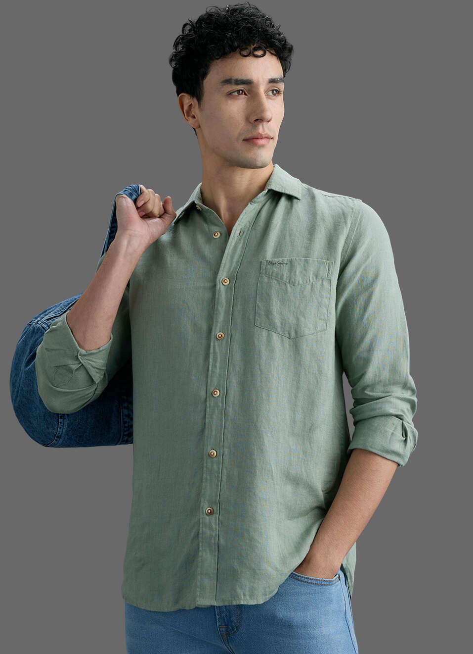 Men Light Green Solid Pure Linen Long Sleeve Shirt, , large image number 0