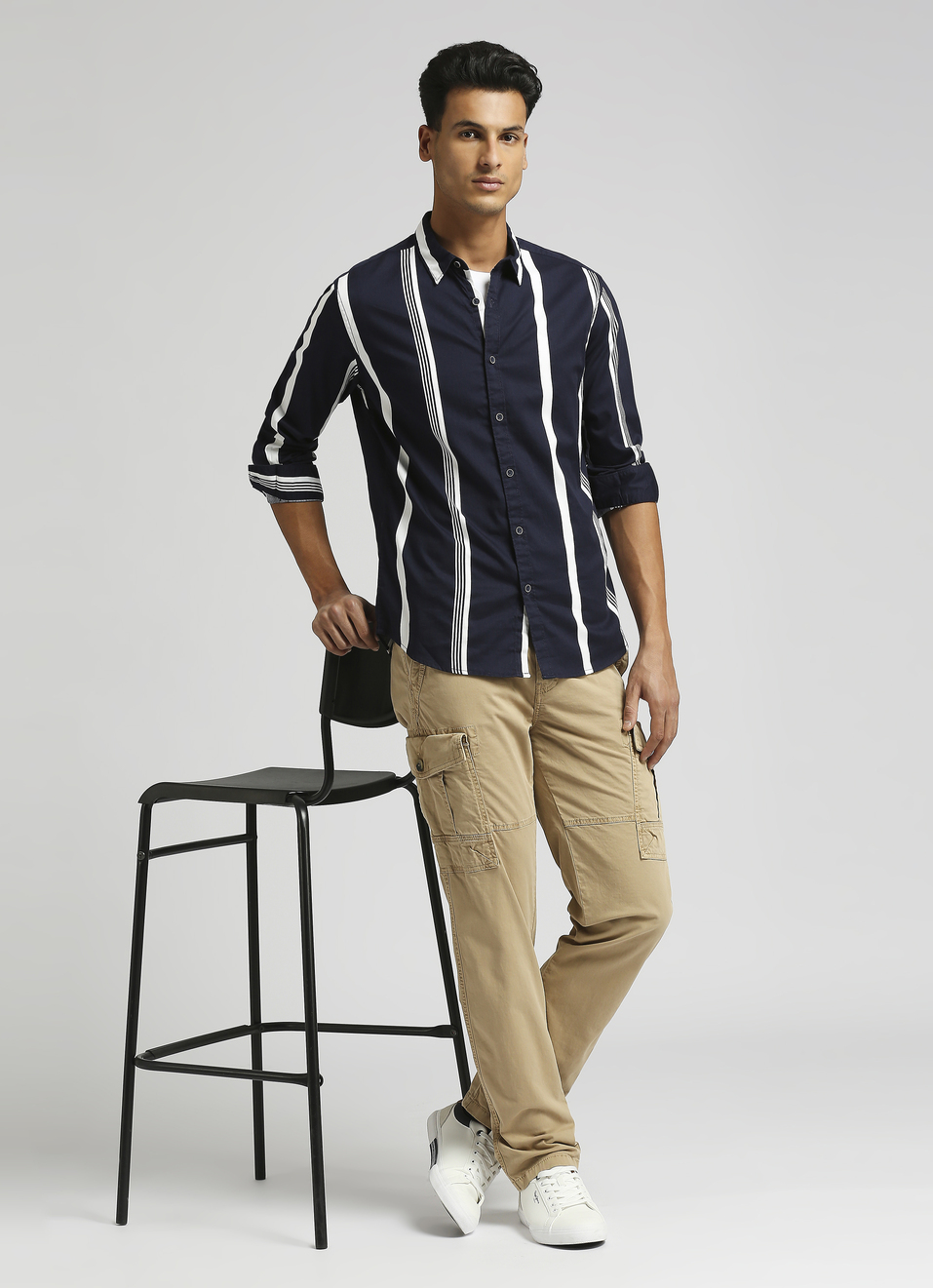 Navy Narrow Stripes Twill Long Sleeve Shirt, , large image number 5