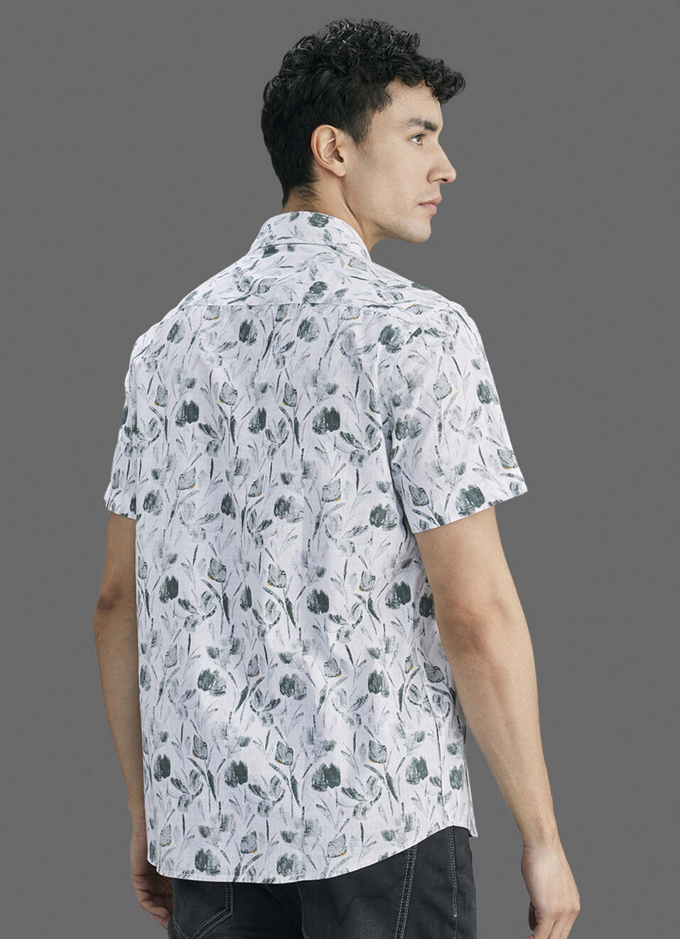Men Grey Printed Resort Collar Short Sleeve Shirt, , large image number 6