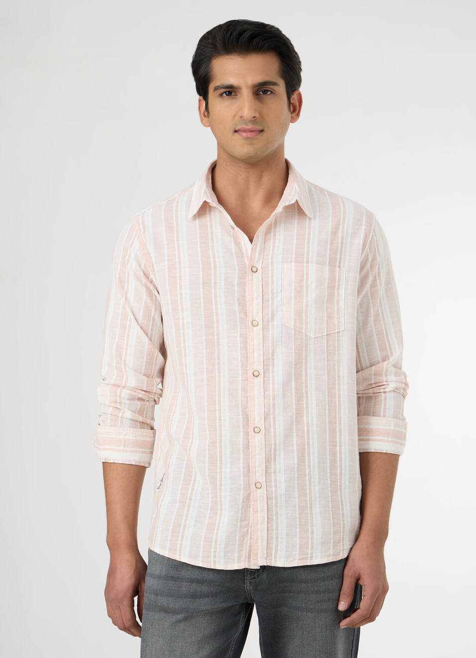 Men Peach Orange Striped Shirt, , large image number 1