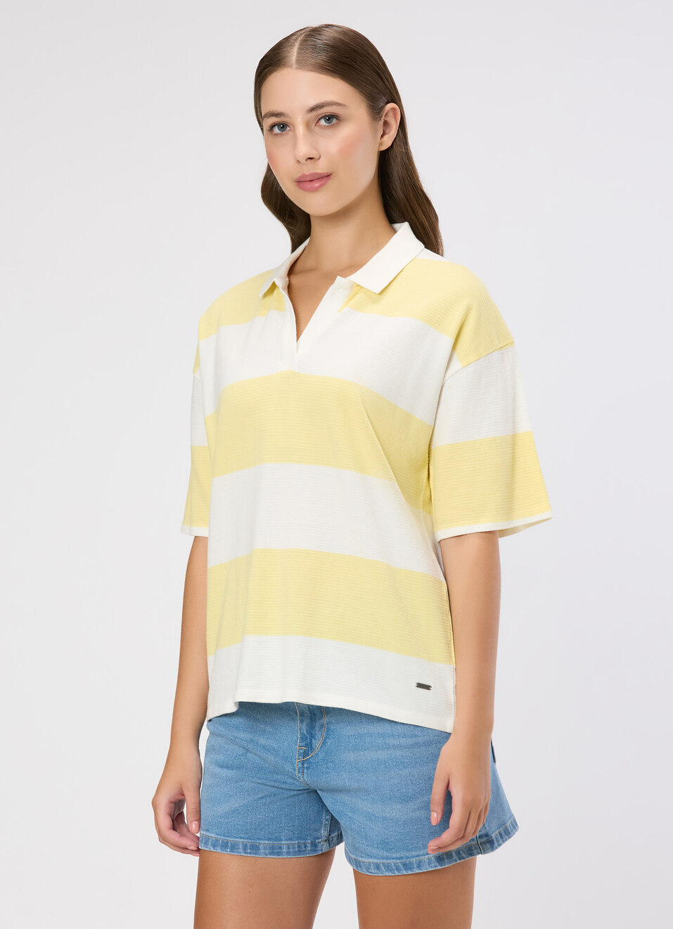 Women Yellow Striped Polo Collar T-shirt, , large image number 3