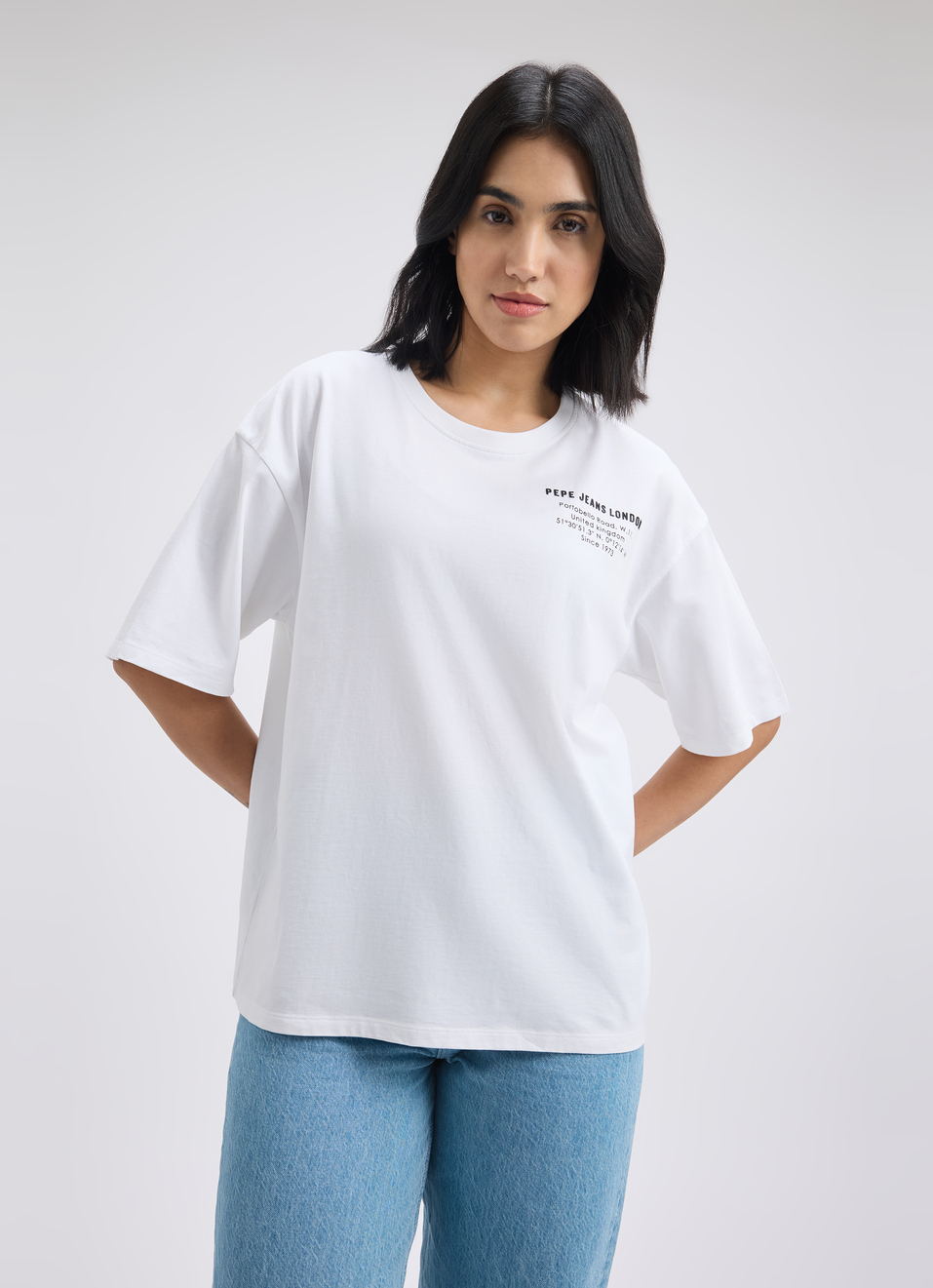 Women White Back Print Short Sleeve Oversized T-shirt, , large image number 1