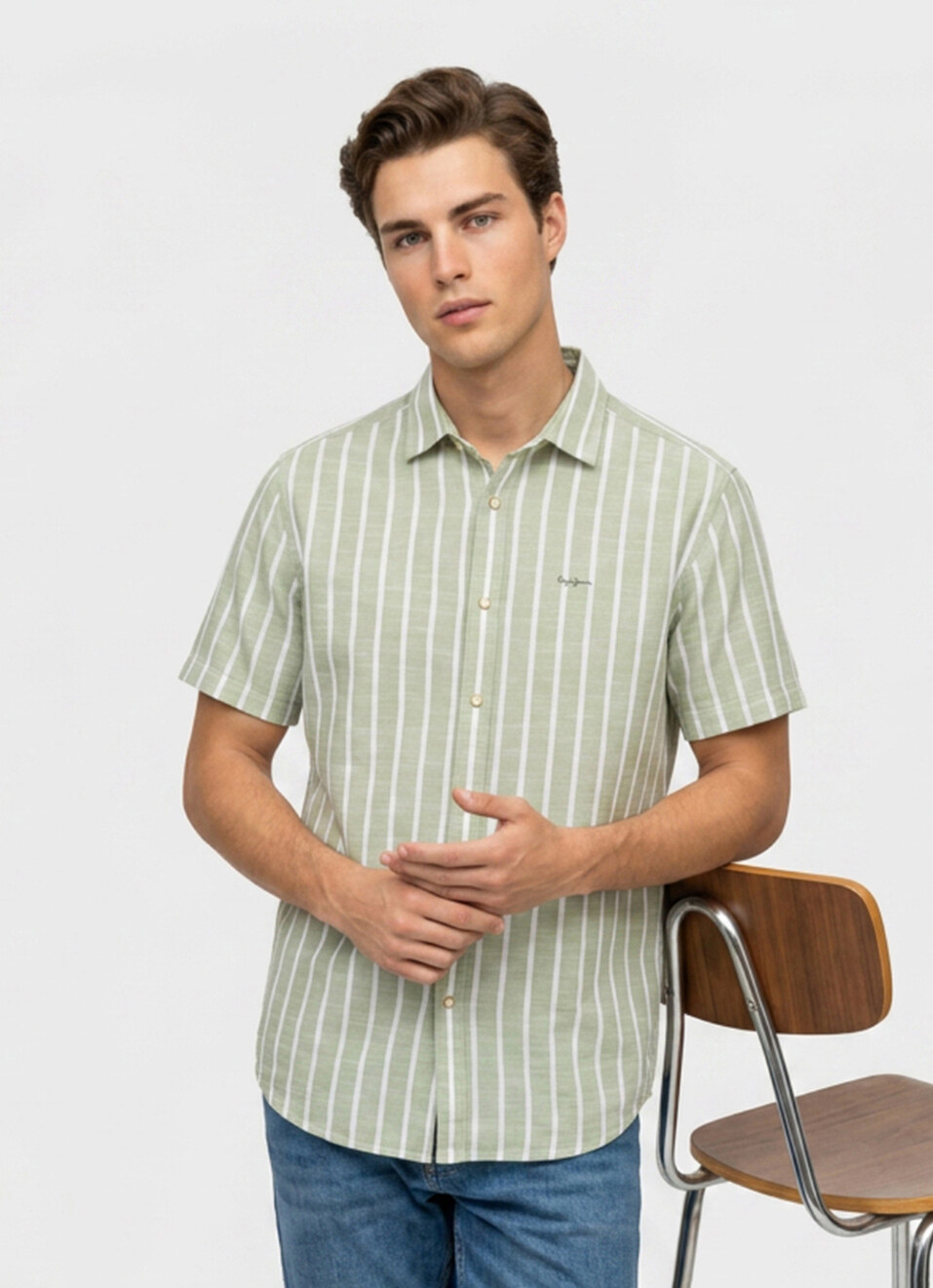 Men Green Striped Cotton Slub Short Sleeve Shirt, , large image number 0