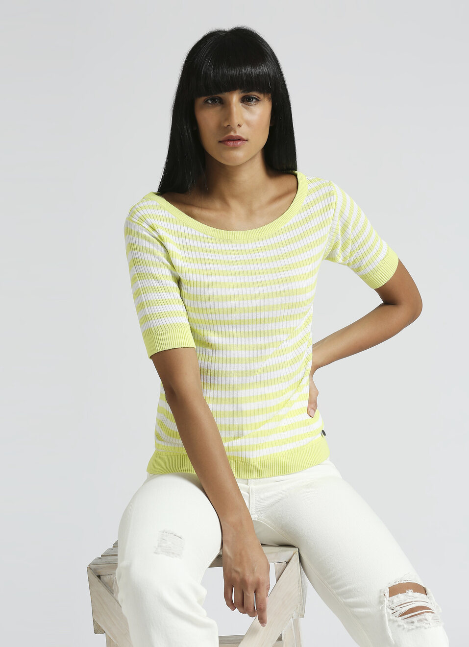 Lime Striper Self Design Ribbed Flat Knit Top, , large image number 0