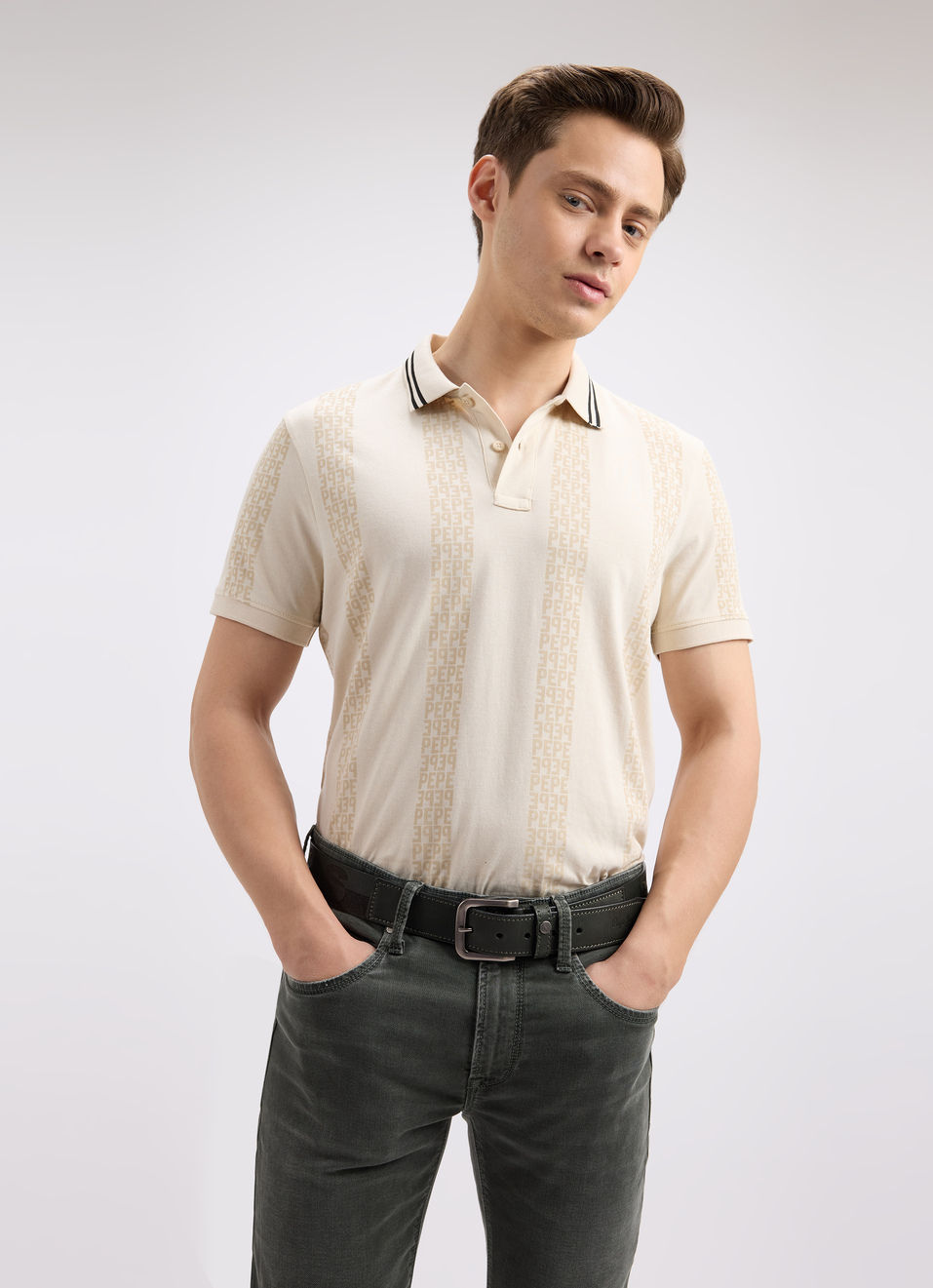 Men Ivory White Graphic Print Short Sleeve Polo, , large image number 0