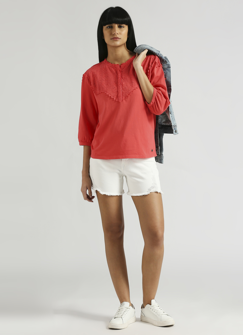 Red Lace Detail Half Button Placket Top, , large image number 5