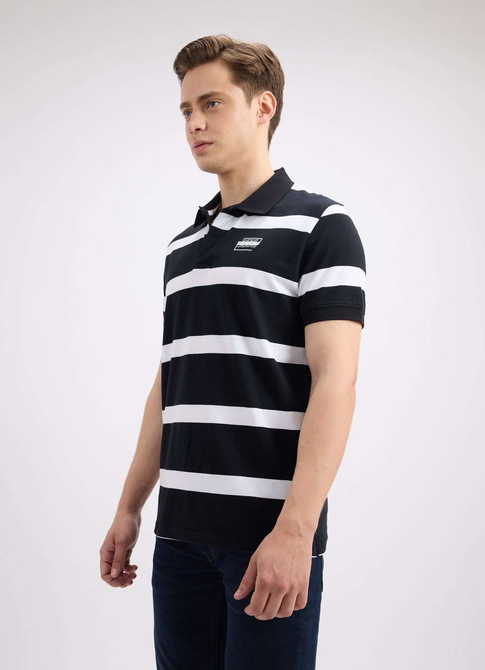 Men Black Stripe Short Sleeve Stretch Polo, , large image number 3