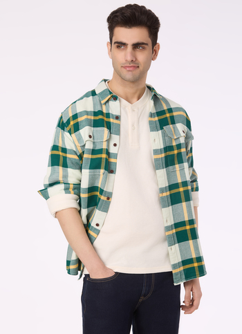 Men Ecru Waffle Knit Henley Neck Full Sleeve T-shirt