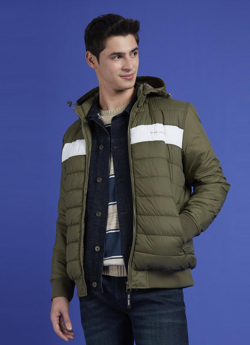 Green Colour Block Full Sleeve Jacket, , large image number 0