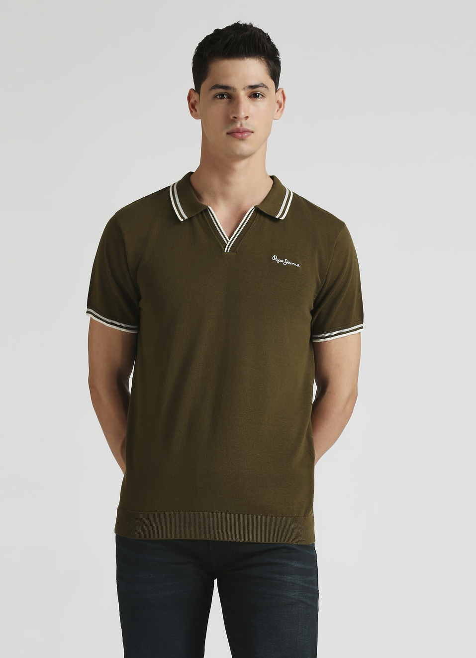 Olive Jonny Collar Short Sleeve Knitted Top, , large image number 1