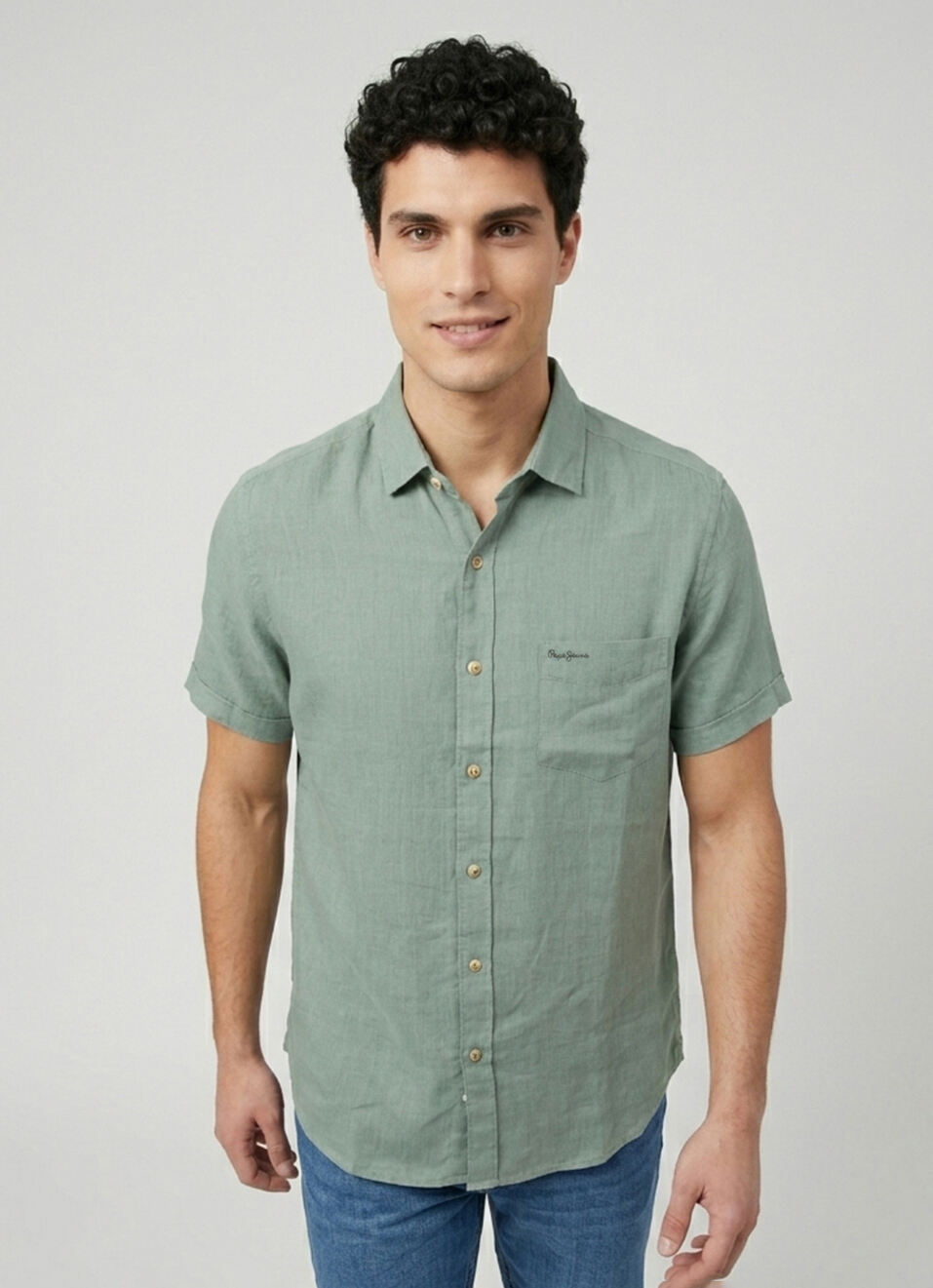 Men Light Green Solid Pure Linen Short Sleeve Shirt, , large image number 1