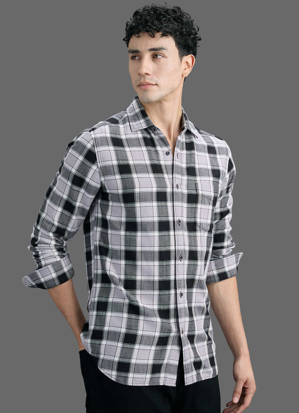Men Black Checked Long Sleeve Shirt, , large image number 7