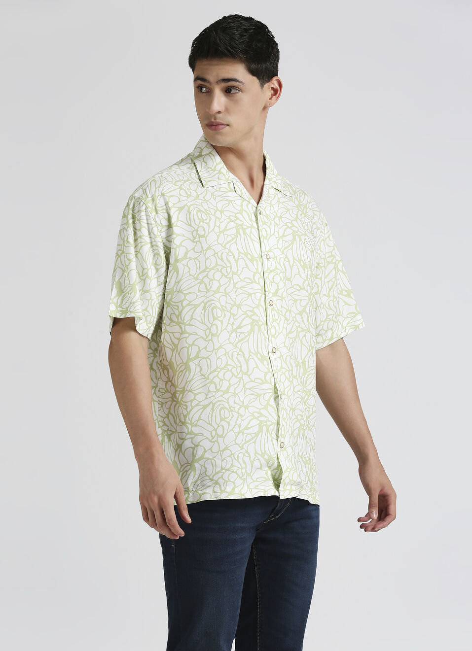 Mint All Over Print Resort Collar Trendy Short Sleeve Shirt, , large image number 3