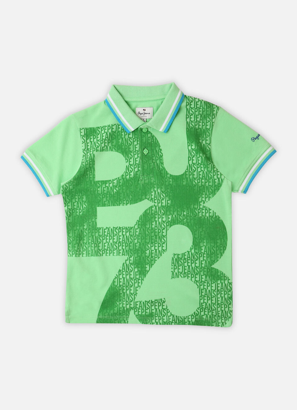 Boys Green Typographic Print Ribbed Collar Pique Polo, , large image number 0