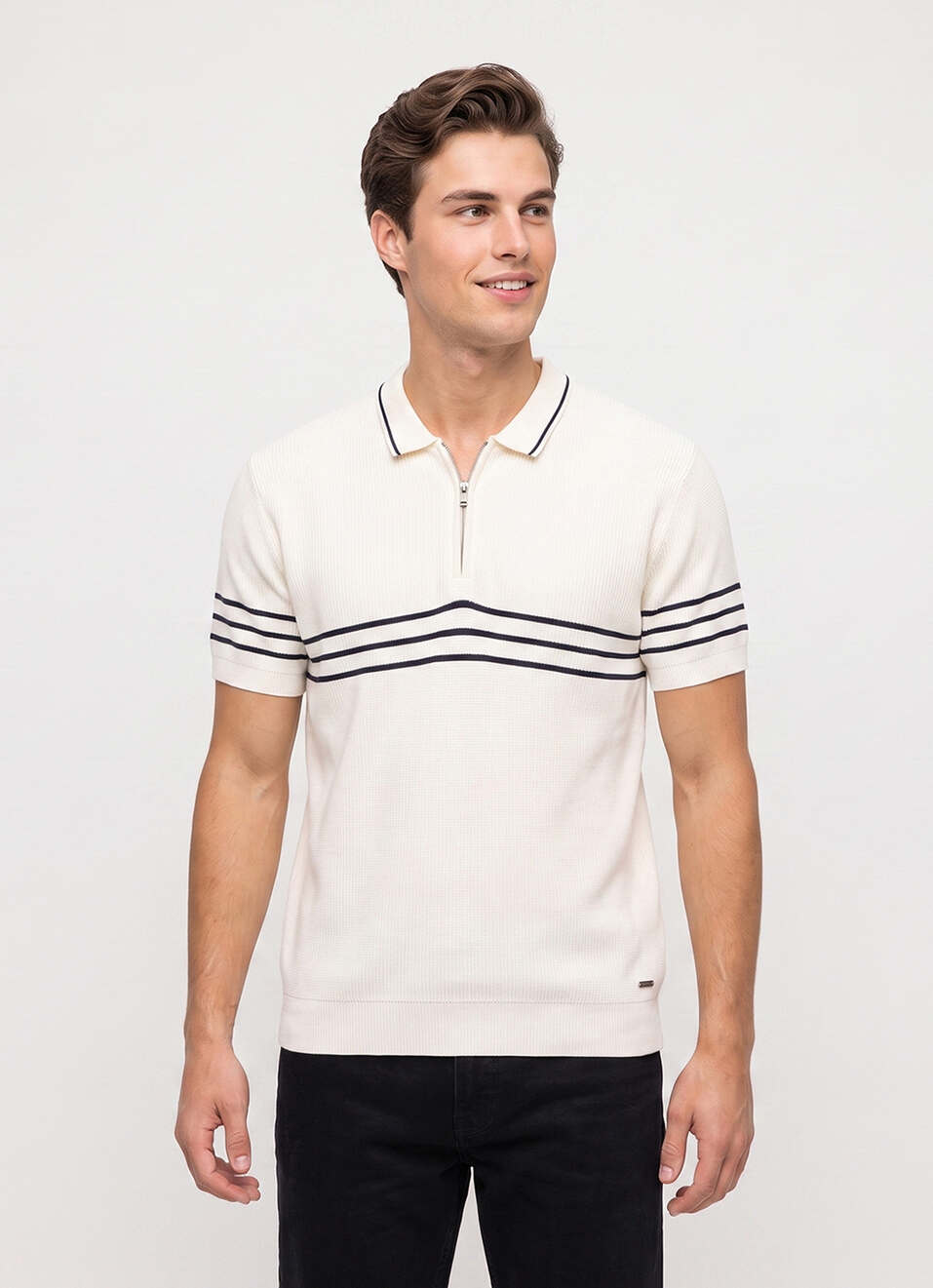 Men White Striped Flat Knit Polo Collar T-shirt, , large image number 1