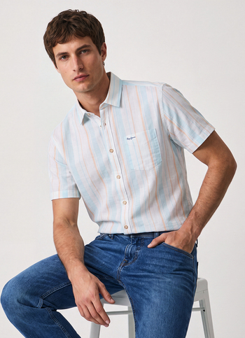 Men Blue Striped Short Sleeve Shirt