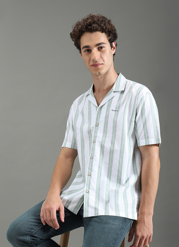 Men Green Striped Resort Collar Shirt