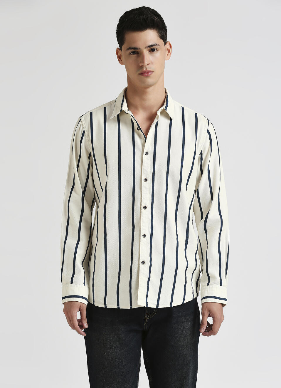 White Narrow Stripes Long Sleeve Shirt, , large image number 1