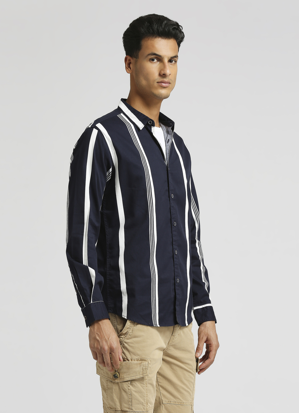 Navy Narrow Stripes Twill Long Sleeve Shirt, , large image number 3