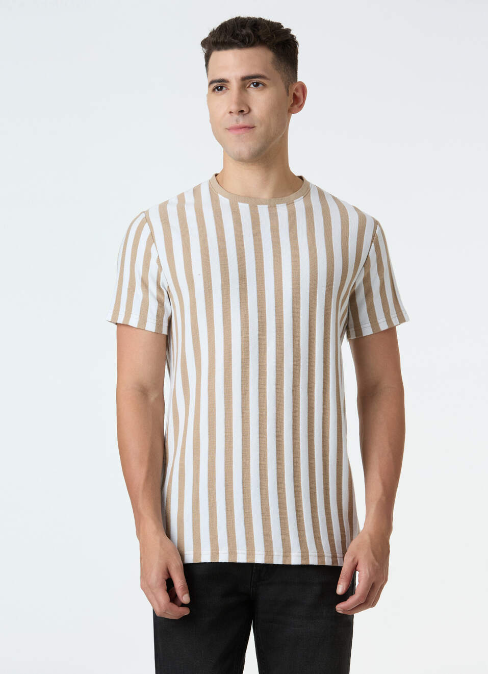 Men Beige Striped Slim Fit T-shirt, , large image number 1