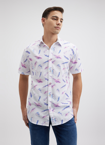 Men Purple Feather Print Short Sleeve Shirt