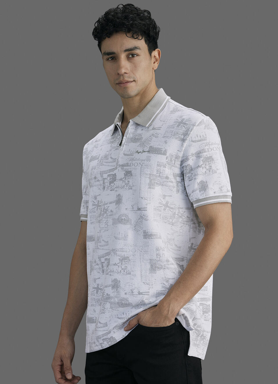 Men Grey Printed Polo Collar T-shirt, , large image number 7
