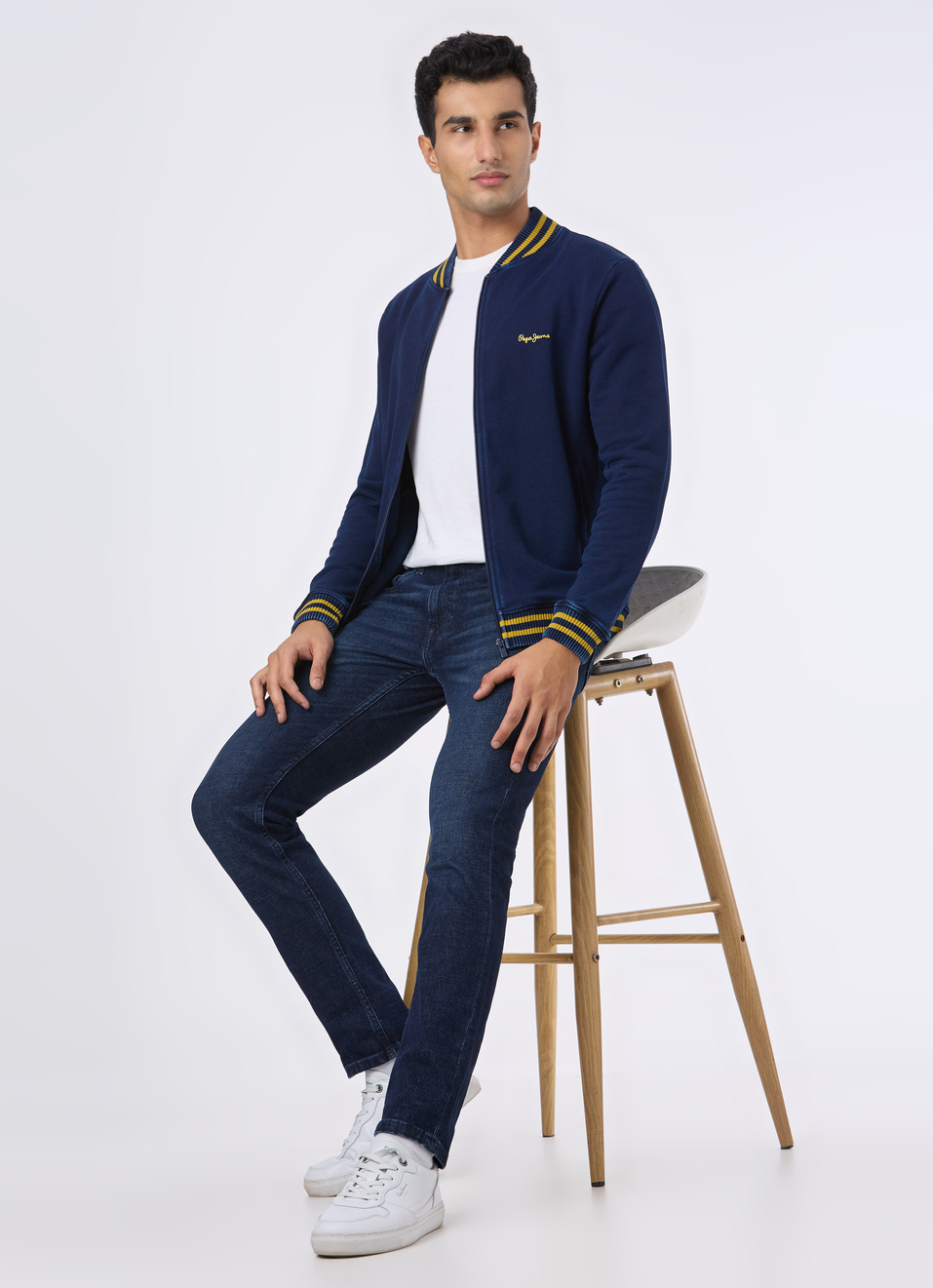 Men Navy Varsity Collar Zip Up Sweatshirt, , large image number 5