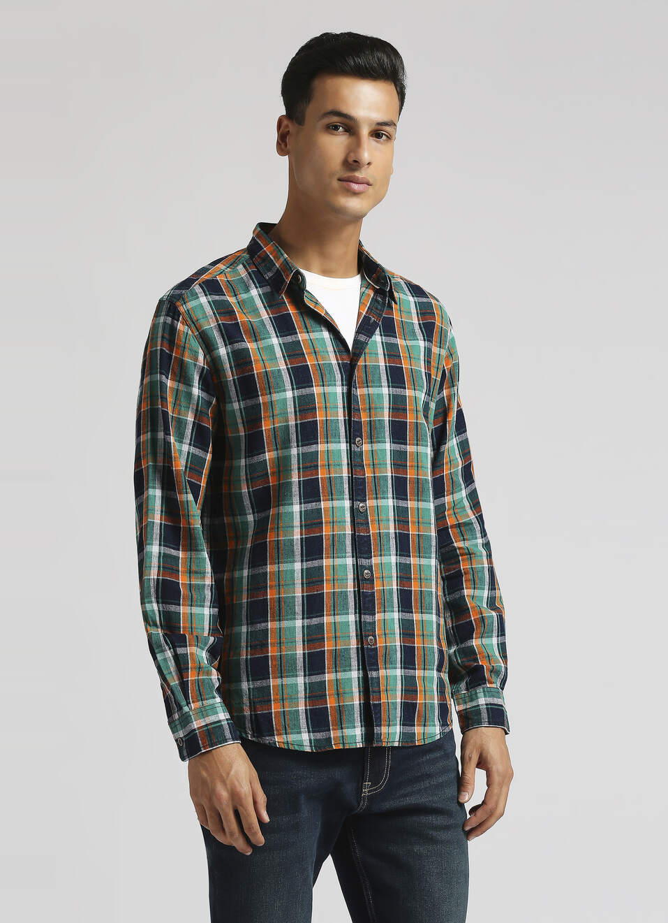 Yarn Dyed Indigo Checks Linen Long Sleeve Shirt, , large image number 3