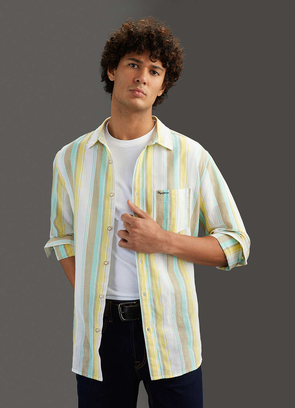 Men Yellow Striped Regular Fit Cotton Linen Shirt, , large image number 0