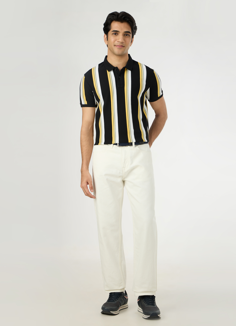 Men Black Striped Polo Collar T-shirt, , large image number 5