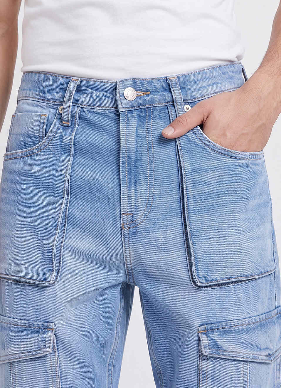 Men Blue Straight Fit Mid Rise Cargo Jeans, , large image number 4