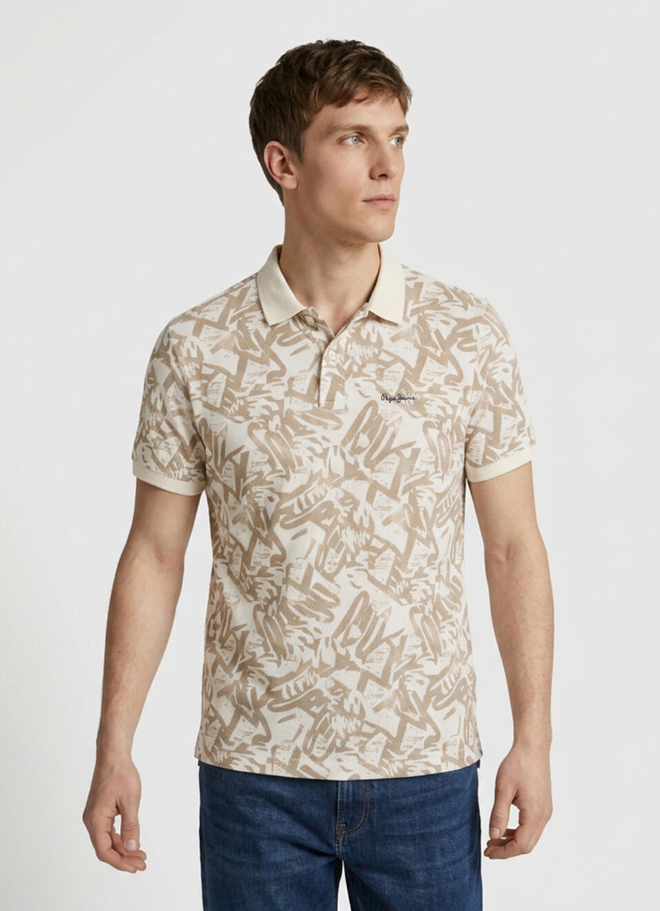 Men Beige Printed Polo Collar T-shirt, , large image number 1
