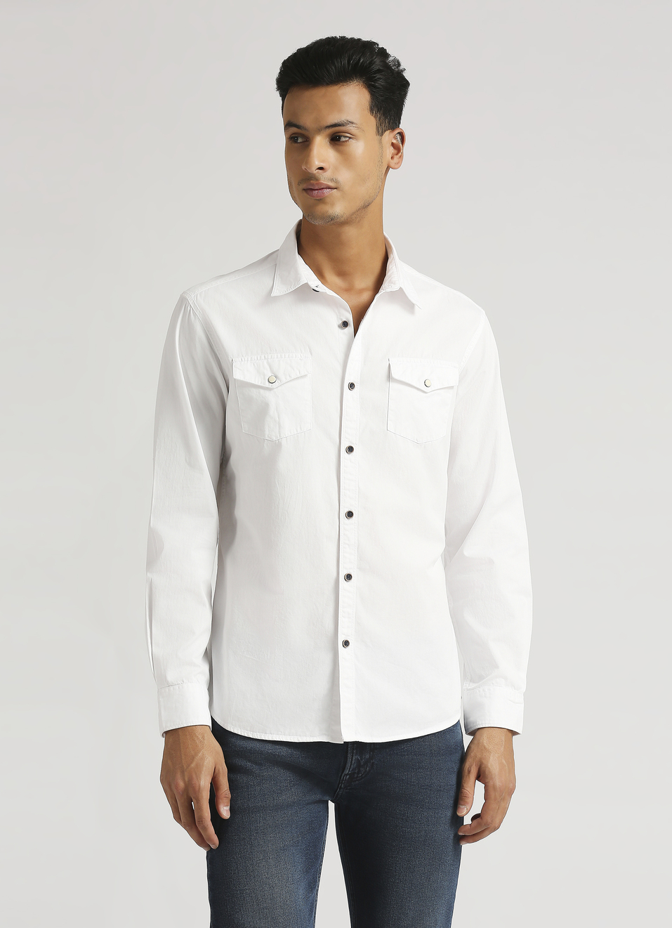 White Solid Double Pocket Long Sleeve Shirt, , large image number 0