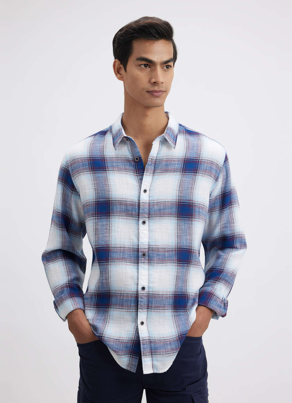 Men Blue Check Full Sleeve Shirt, , large image number 1