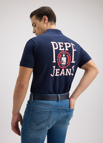Men Navy Back Print Short Sleeve Polo