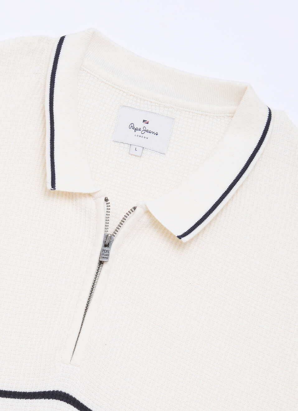 Men White Striped Flat Knit Polo Collar T-shirt, , large image number 6