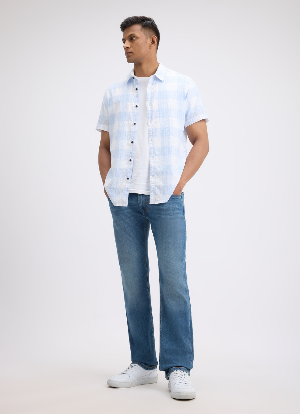 Men Blue Check Short Sleeve Shirt, , large image number 5