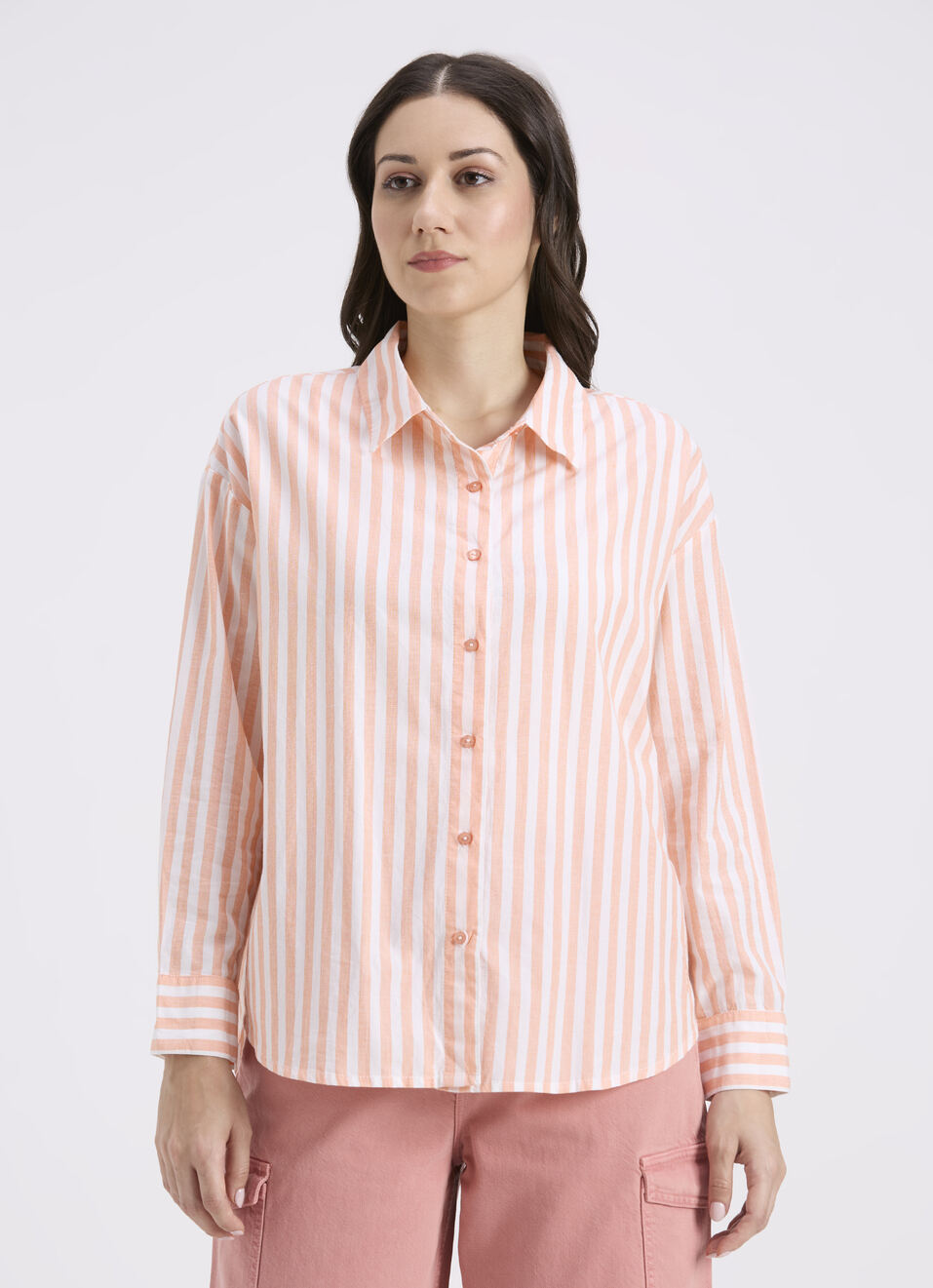 Women Orange Vertical Stripe Full Sleeve Oversized Shirt, , large image number 1