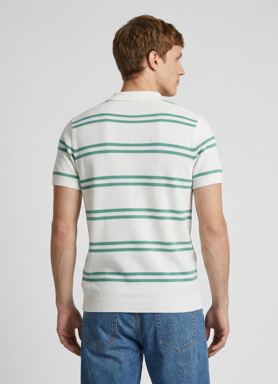 Men White Striped Flat Knit Polo Collar T-shirt, , large image number 2