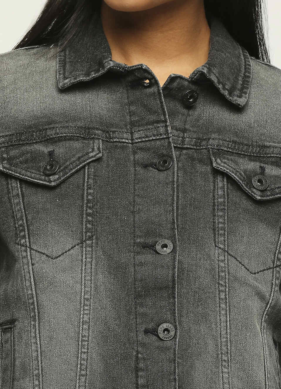 Black Front Pocket Trucker Denim Jacket, , large image number 4