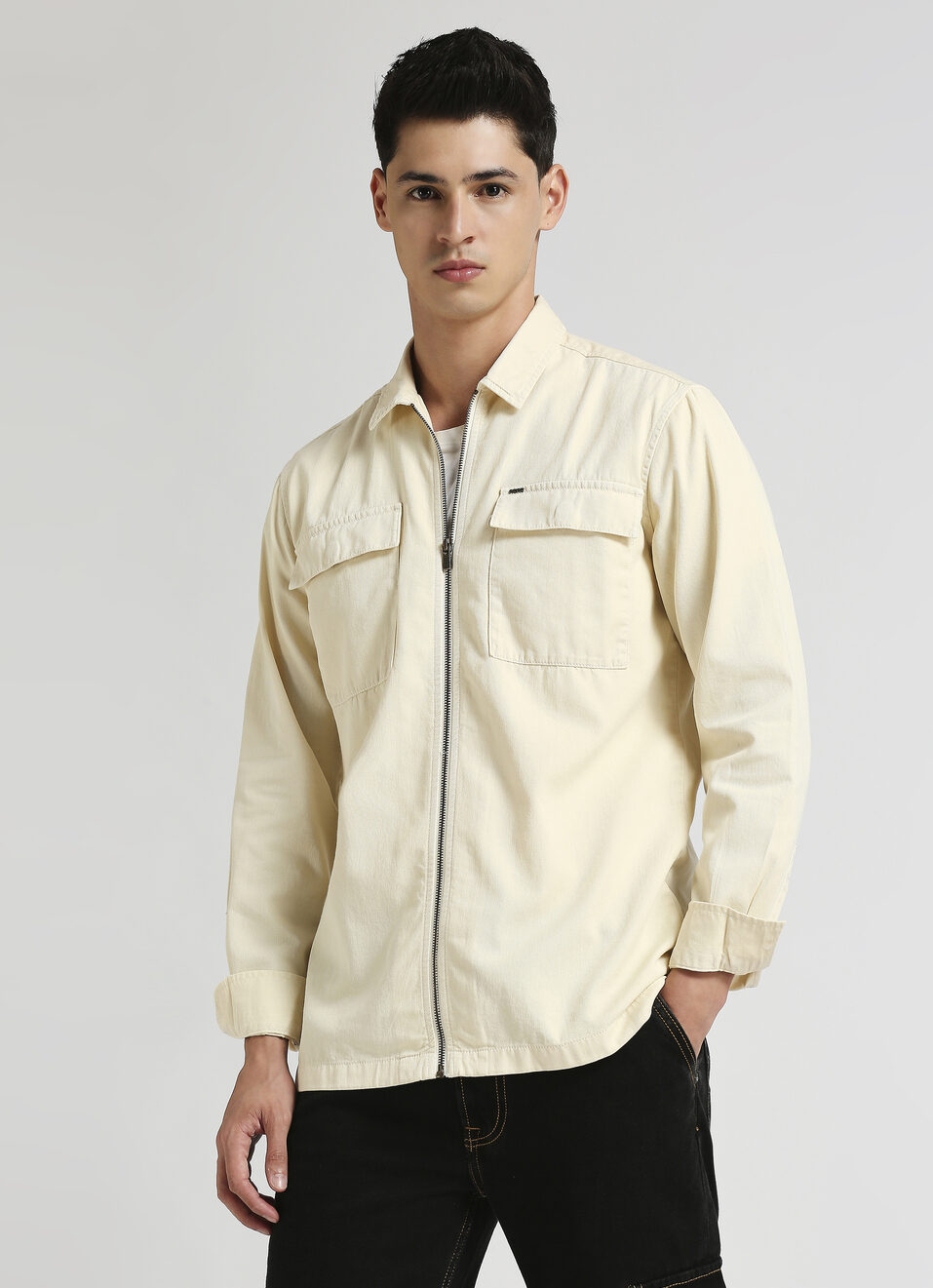 Off White Cargo Pockets Zipper Detail Long Sleeve Shirt, , large image number 0