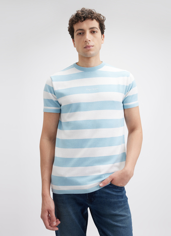 Men Blue Stripe Short Sleeve Flat Knit Polo