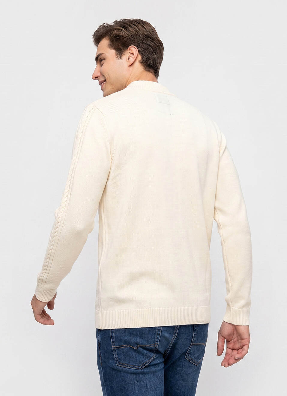 Men Off White Embroidered Full Sleeve Flat Knit Sweater, , large image number 2