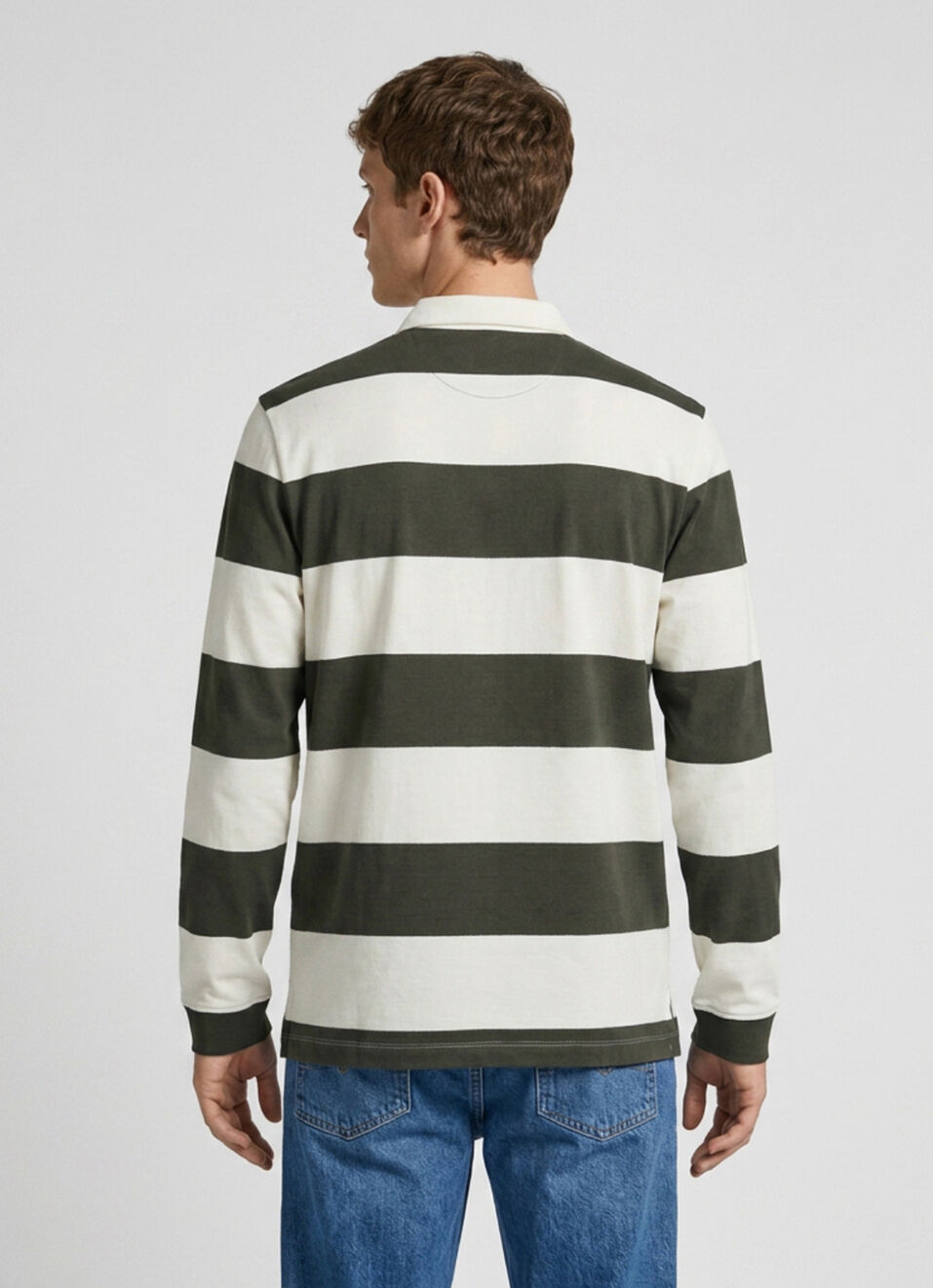 Men Olive Striped Rugby Polo Collar T-shirt, , large image number 2