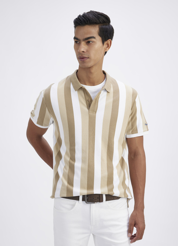 Men Beige All Over Stripe Short Sleeve Polo