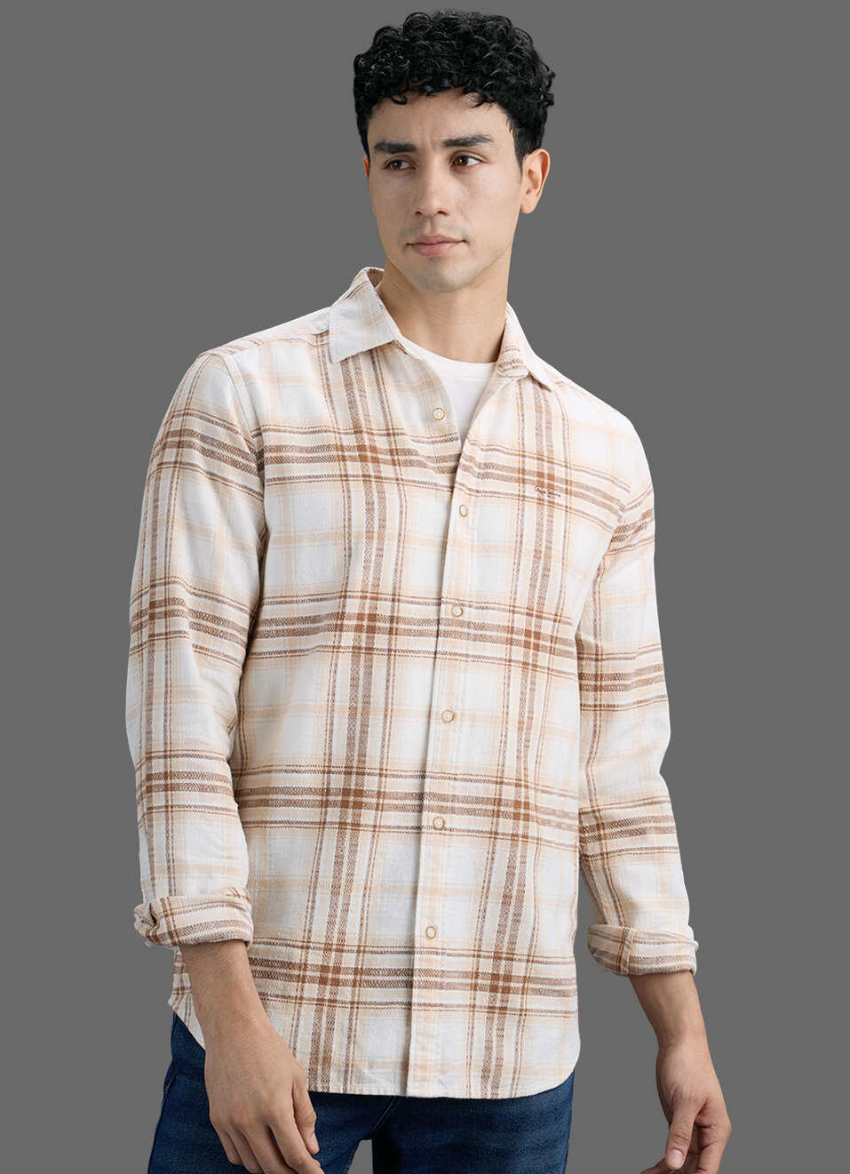Men Beige Checked Dobby Long Sleeve Shirt, , large image number 7