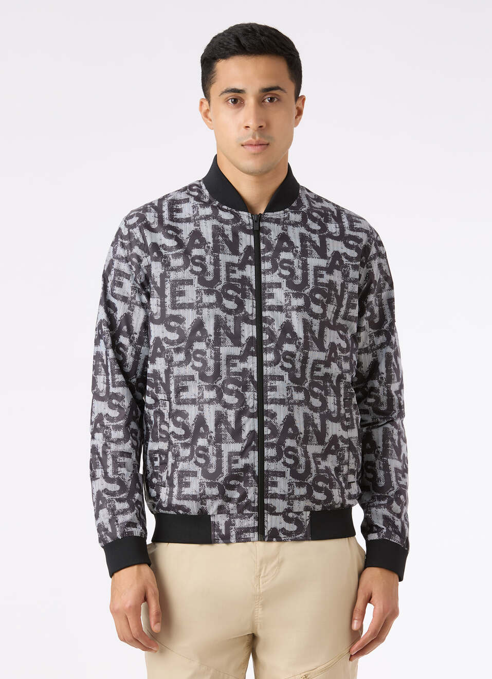 Men Black All Over Typographic Print Jacket, , large image number 1