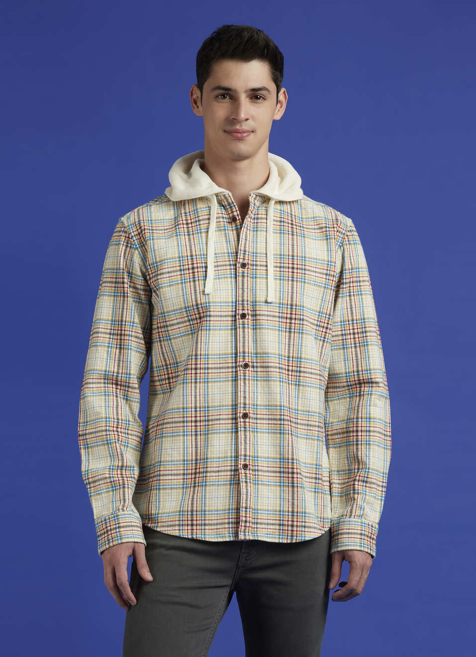 Ecru Check Full Sleeve Hooded Shirt, , large image number 1