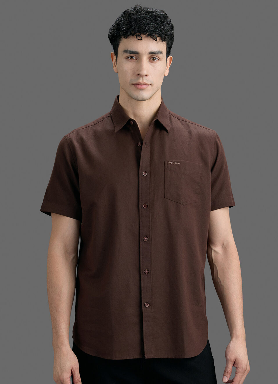 Men Brown Solid Cotton Linen Short Sleeve Shirt, , large image number 5
