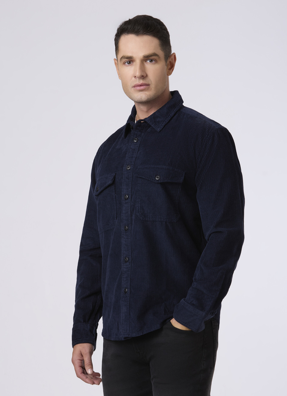 Men Navy Corduroy Oversized Shirt With Flap Pocket, , large image number 3